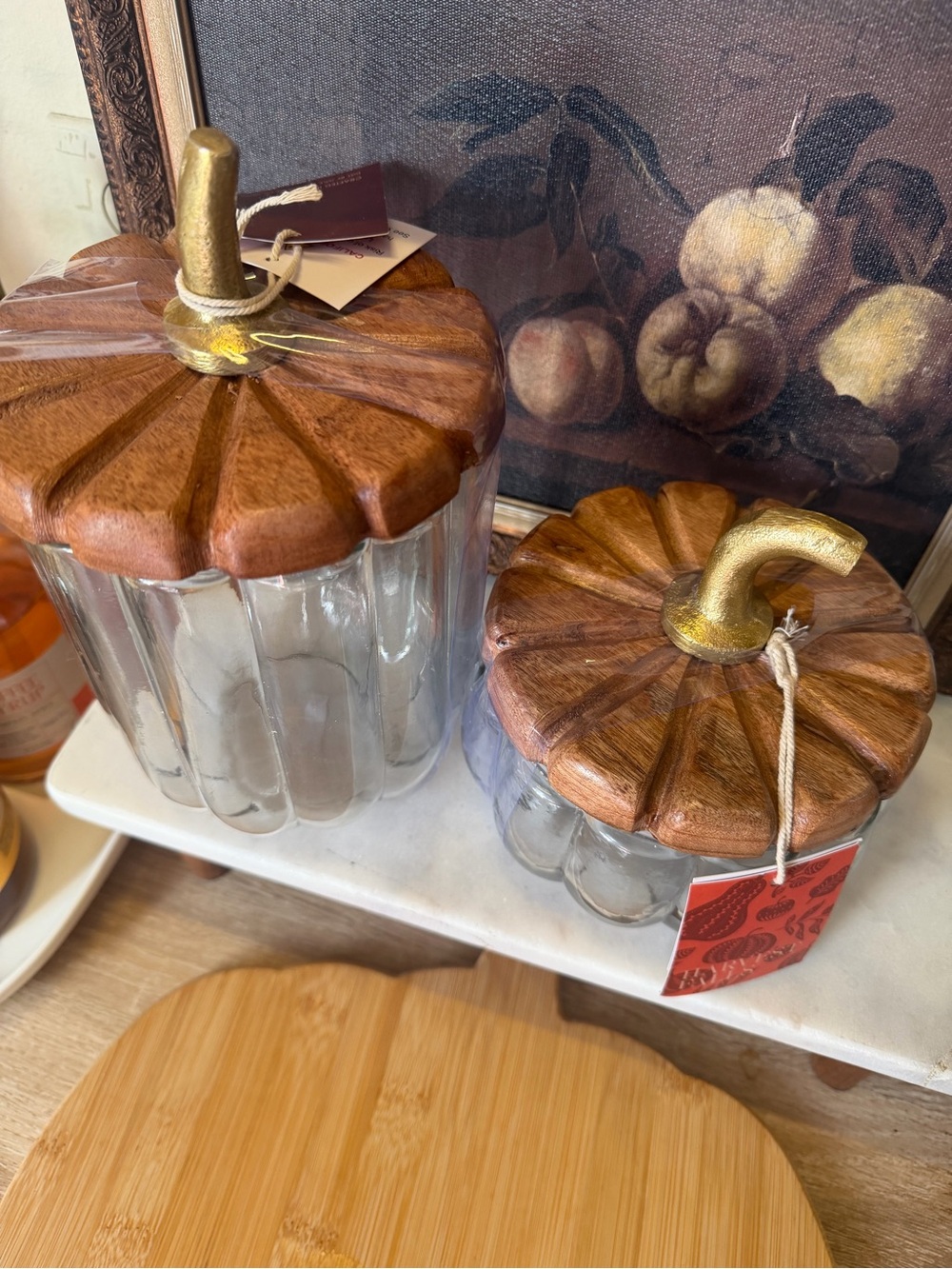 Glass Pumpkin Canister with Wood Lid and Gold Stem dupe pottery barn. Set2